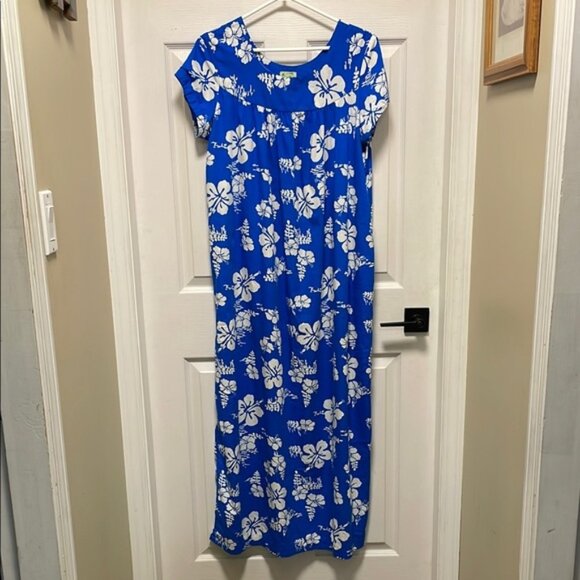 Ui-Maikai Vintage Authentic Cotton Hawaiian Blue Hibiscus Sheath Dress OS - Picture 1 of 10